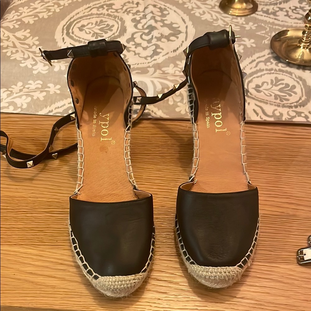 POL Black Leather Espadrille Ankle-Strap Flats
